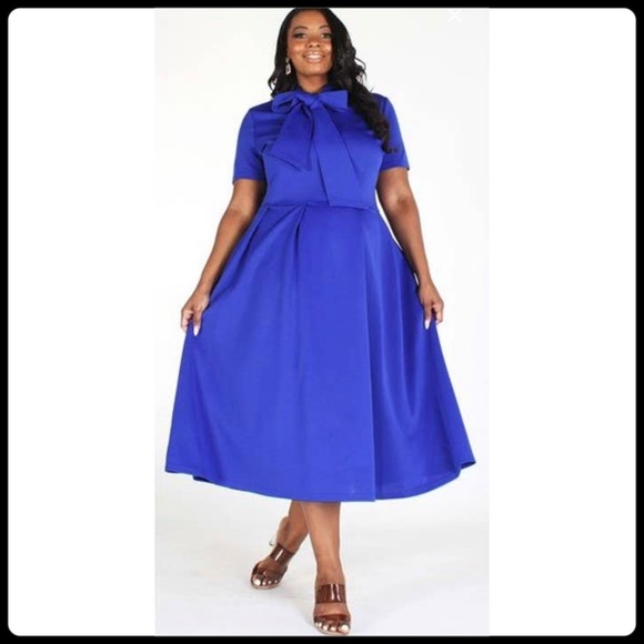 SOLD OUT: Solid Royal Blue Midi Flare Style Dress with Necktie, - Picture 3 of 13